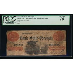 1856 $20 Bank of the State of Georgia Obsolete Note PCGS 10