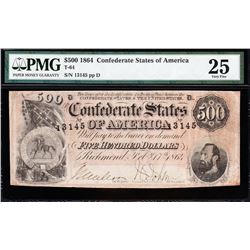 1864 $500 Confederate States of America Note PMG 25