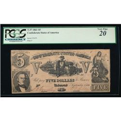 1861 $5 Confederate States of America Note PCGS 20