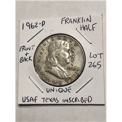 Very Unique Inscribed 1962 D Silver Franklin Half Dollar USAF TEXAS