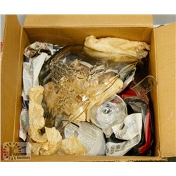 BOX OF ASSORTED GLASSWARE.