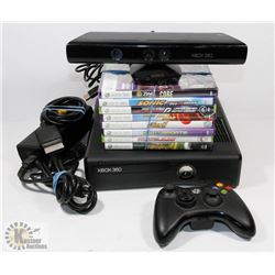 XBOX 360 WITH KINECT, CONTROLLER, CABLES AND