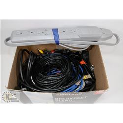 BOX OF HD CORDS AND STEREO/TV CORDS