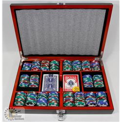 BOX OF POKER CHIPS & CARDS