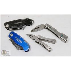 2 HUSKY UTILITIES  KNIVES AND 2 MULTI TOOLS