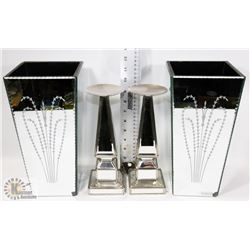 BOX OF MIRROR VASES AND CANDLE HOLDERS