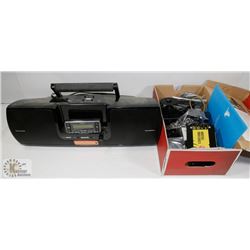 BOX OF SIRIUS PORTABLE RADIO AND COMPONENTS