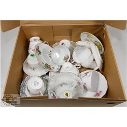 BOX OF ANTIQUE CHINA CUPS AND SAUCERS