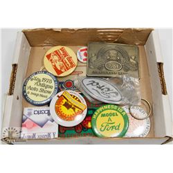 COLLECTION OF FORD AND ASSORTED PINS, BUCKLES