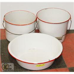 3 PIECE ENAMLEWARE 2 PAILS WITH HANDLES AND A