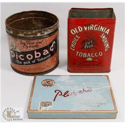 THREE TOBACCO TINS, PLAYERS, OLD VIRGINIA, PICOBAC