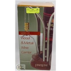 WOOD AND METAL WINE CARRIER.