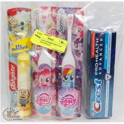 BAG OF KIDS SPINBRUSHES AND CREST TOOTHPASTE