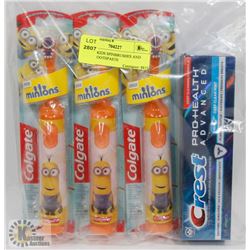 BAG OF KIDS SPINBRUSHES AND CREST TOOTHPASTE