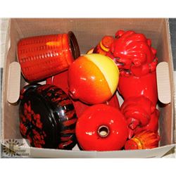 RED/ORANGE CERAMICS AND FOO DOG.