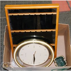 BOX WITH WALL CLOCK, SPOON RACK, VASE AND MORE.