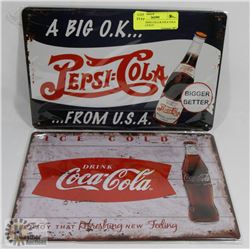 LOT OF 2 PEPSI COLA & COCA COLA TIN SIGNS 8"X12"