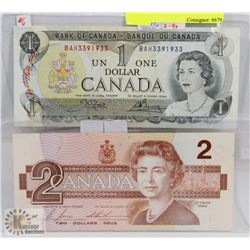 LOT OF 2 CANADA BILLS $1 1973, $2 1986