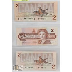 LOT OF 3 CANADA 1986 $2 BILLS, ROBIN