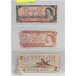 LOT OF 3 CANADA $2 BILLS, 1954, 1974, 1986
