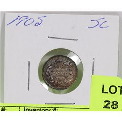 1905 CANADIAN EDWARD VII 5 CENT SILVER COIN.
