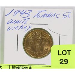 1943 WWII TOMBAC VICTORY CANADIAN NICKLE.