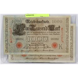TWO 1910 GERMAN 1000 MARK BANKNOTES.