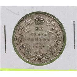 1929 CANADIAN GEORGE V SILVER 25 CENT COIN.