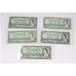 LOT OF 5 CANADIAN 1954 ONE DOLLAR BILLS.
