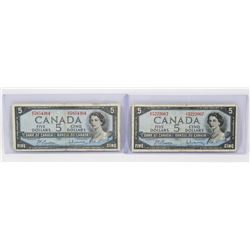 LOT OF 2 CANADIAN 1954 FIVE DOLLAR BILLS.