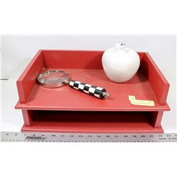 RED WOOD DESK ORGANIZER WITH MAGNIFIER & ORNAMENT