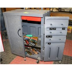 GREY 2 DOOR TOOL BOX FULL OF TOOLS.