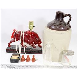 BOX WITH ANTIQUE CROCK JUG, LAMP AND ASSORTED