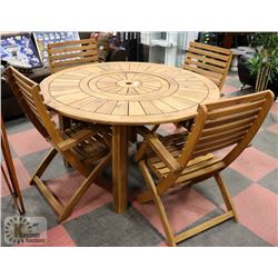 TEAK TABLE (51" DIA X 30" H) & 4 TEAK CHAIRS
