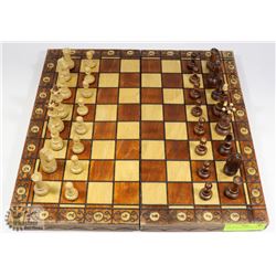 CARVED WOOD CHESS SET,  16 X 16