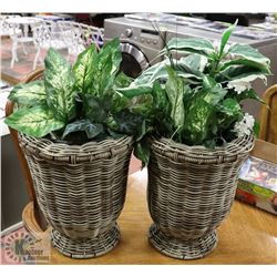 PAIR OF WICKER RESIN PLANTERS WITH PLANTS