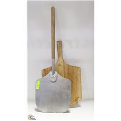 TWO 10" PIZZA PEELS, WOOD & ALUMINUM