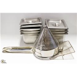 LOT OF 6 S/S 1/6-SIZE INSERTS W/ LIDS + 2 STRAINER