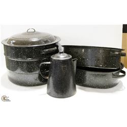 BOX WITH 2 ROASTERS, AND POT WITH LID.