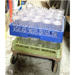 2 FLATS OF CLEAR-PLASTIC MUGS W/ 4-WHEEL DOLLY