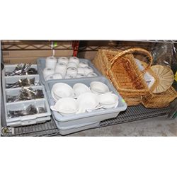 SHELF CONTENTS INCLUDING 3 BUS TRAYS OF ASSORTED