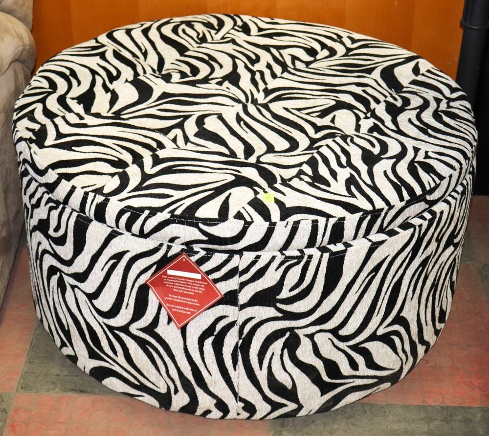 ROUND FABRIC ZEBRA PATTERN STORAGE OTTOMAN