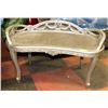 Image 1 : CURVED ORNATE BENCH WITH GREY UPHOLSTRY.
