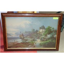 ANTIQUE EUROPEAN LANDSCAPE PICTURE 30.5" X 22.5"