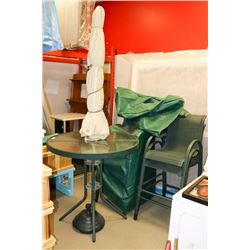 PATIO BAR TABLE WITH UMBRELLA AND 4 STOOLS