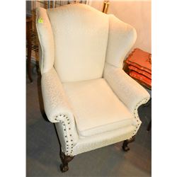 WOOD CARVED FABRIC NAILHEAD WING BACK PARLOUR