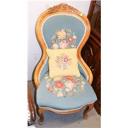 VINTAGE WOOD CARVED PETIT POINT PARLOUR CHAIR