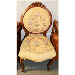WOOD CARVED NEEDLE POINT SIDECHAIR. FURNITURE