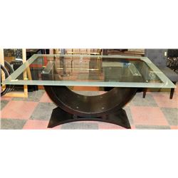 GLASS TOP DINING TABLE 42 X 67 W/ MISMATCHED BASE