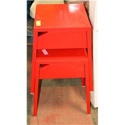 PAIR OF RED SHOWHOME METAL END TABLES